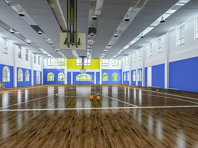 Bright Basketball Court Interior With Wooden Floor Blue Walls And Basketball Hoops 3d model