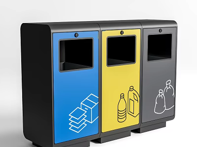 Public Recycling Bins As Public Facility With Blue Yellow Gray Compartments For Paper Bottles And Waste Sorting 3d model