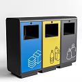 Public Recycling Bins As Public Facility With Blue Yellow Gray Compartments For Paper Bottles And Waste Sorting