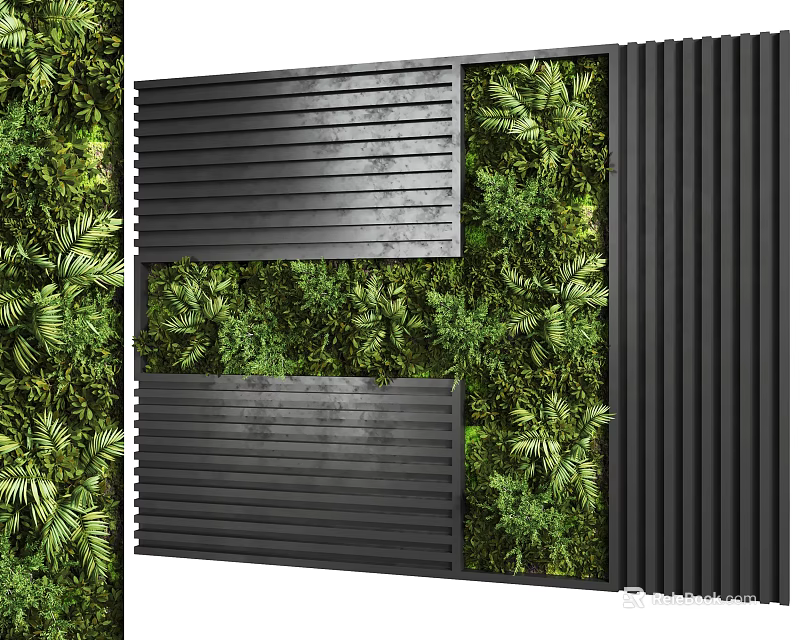 Green Plant Wall With Black Slatted Panels And Lush Green Foliage 3d model 