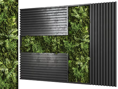 Green Plant Wall With Black Slatted Panels And Lush Green Foliage 3d model