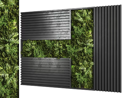 Green Plant Wall With Black Slatted Panels And Lush Green Foliage 3d model