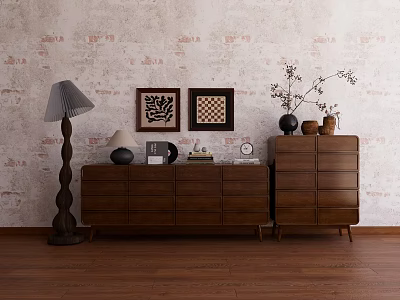 Vintage Entryway Cabinet And Wooden Side Storage With Decorative Paintings Floor Lamp Decor Items 3d model