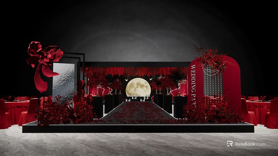 Wedding Banquet Hall With Red Floral Decorations Full Moon Backdrop And Red Carpet Aisle 3d model 