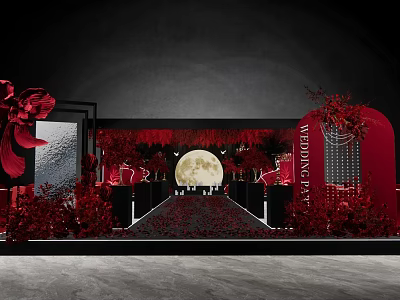 Wedding Banquet Hall With Red Floral Decorations Full Moon Backdrop And Red Carpet Aisle 3d model