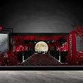 Wedding Banquet Hall With Red Floral Decorations Full Moon Backdrop And Red Carpet Aisle