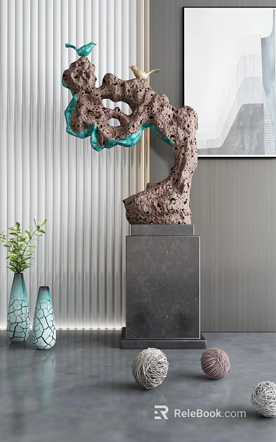 Modern Decorative Ornament Set With Green Brown Sculpture Black Marble Base And Blue Cracked Vases 3d model 