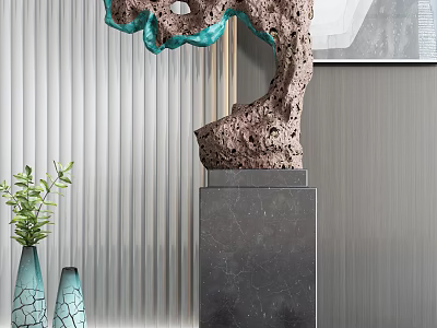 Modern Decorative Ornament Set With Green Brown Sculpture Black Marble Base And Blue Cracked Vases 3d model