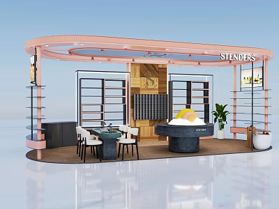 Modern Mall Store With Pink Curved Roof Glass Doors Wooden Counter And Round Display Table 3d model