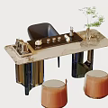 Elegant Modern Tea Table And Chairs With Marble Top Tea Set And Round Stools 3d model