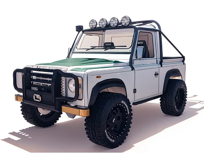 White Off Road Pickup Truck With Green Roof Roof Mounted Lights And Large Tires 3d model