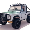 White Off Road Pickup Truck With Green Roof Roof Mounted Lights And Large Tires