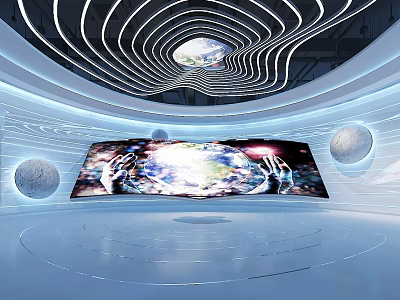 Futuristic Tobacco And Alcohol Store Interior Featuring Circular Lighting Large Display Screen And Sphere Decorations 3d model