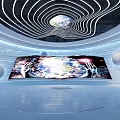 Futuristic Tobacco And Alcohol Store Interior Featuring Circular Lighting Large Display Screen And Sphere Decorations