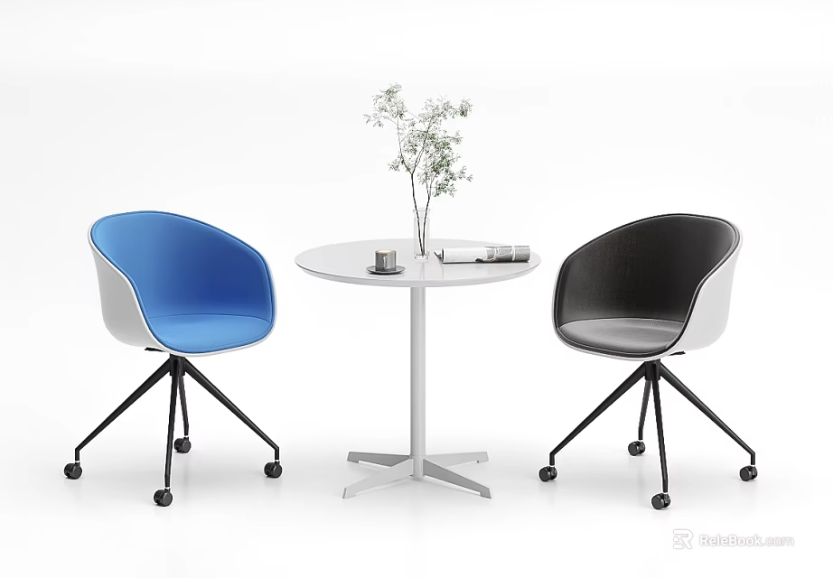 Stylish White Round Table with Blue Black Chairs Rolling Casters and Green Plant 3d model 