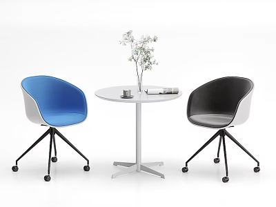 Stylish White Round Table with Blue Black Chairs Rolling Casters and Green Plant 3d model