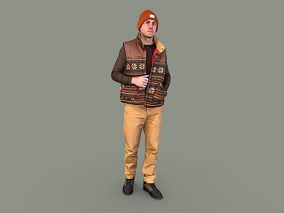 Man Wearing Orange Beanie Brown Vest Black Long Sleeve Shirt Khaki Pants And Black Shoes 3d model