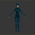 3D Rendered Female Superhero Character in Blue Costume Standing with Masked Face and Pose