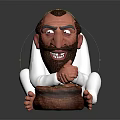 Sitting Cartoon Bearded Man in White Robe Holding Basket Full of Noodles on Simple Background