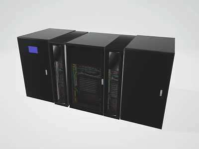 Three Black Server Racks With Transparent Doors Internal Components And Network Equipment 3d model