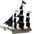 Intricate Sailing Ship Model with Black Sails Wooden Hull Masts and Rigging Details