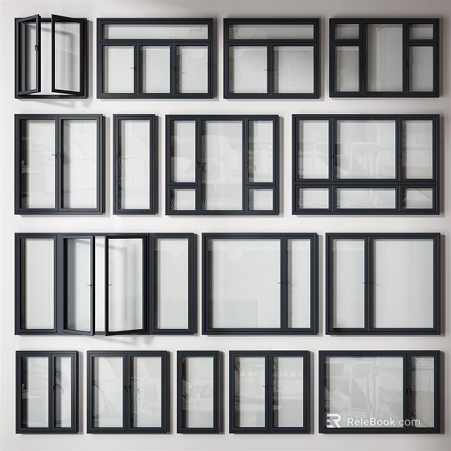 Various Window Styles Arranged On Wall With Black Frames And Glass Panels 3d model 