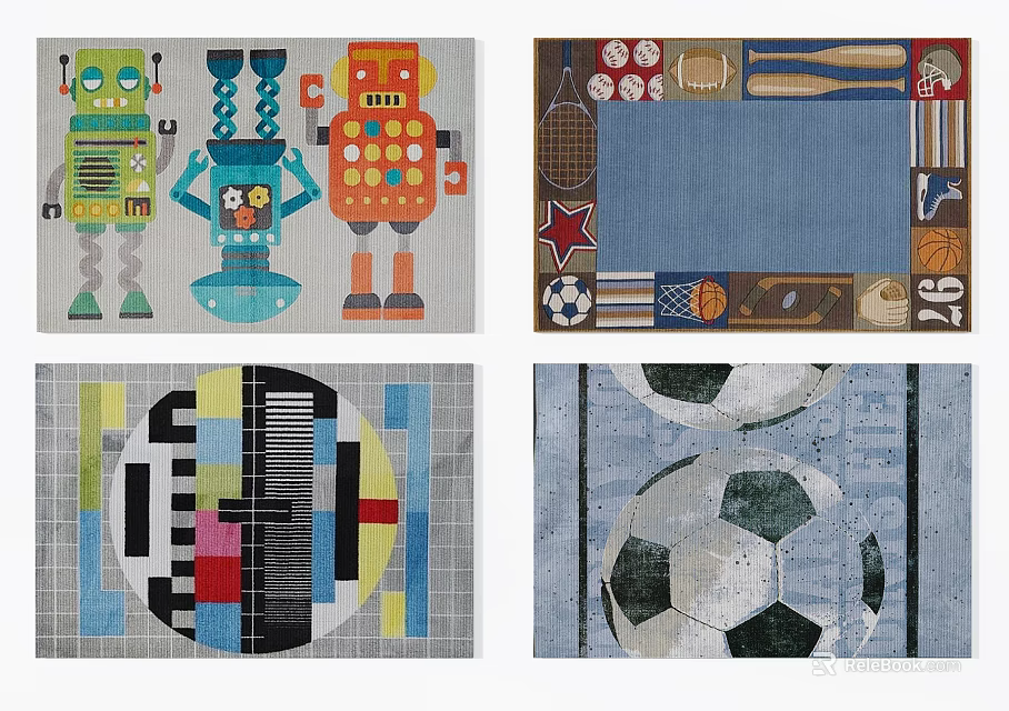 Square Rugs With Robot Sports Elements Geometric Patterns And Soccer Designs 3d model 