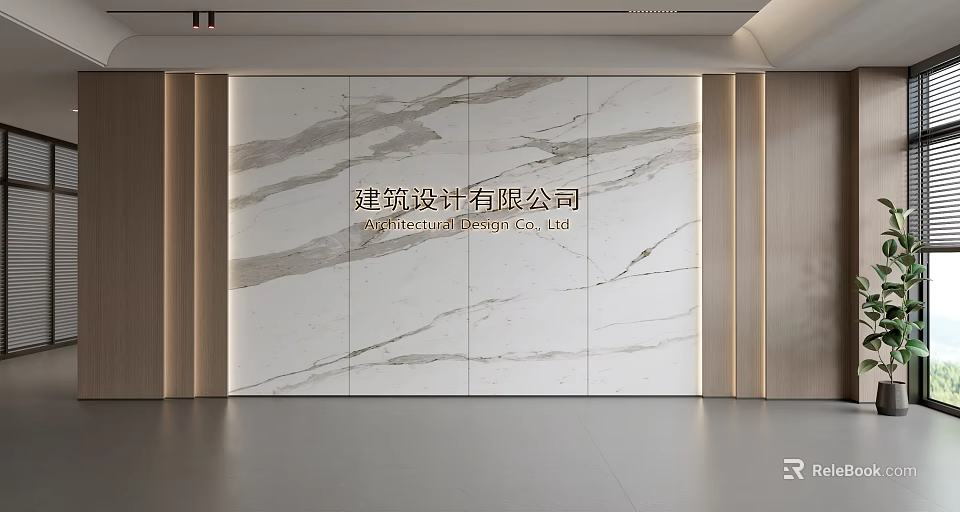 Modern Office Reception Marble Feature Wall With Wooden Accent Panels And Illuminated Company Name Sign 3d model 
