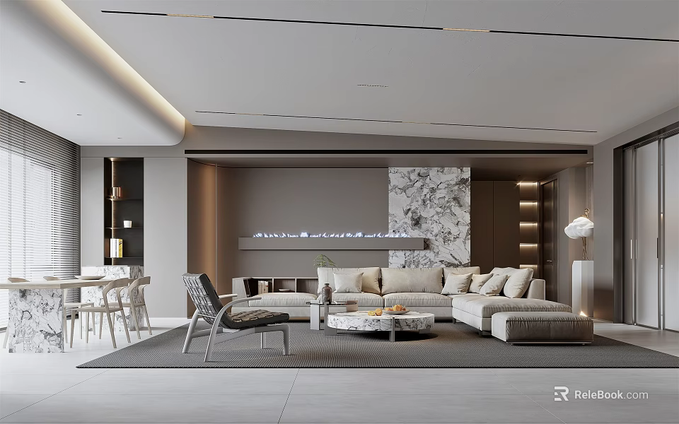 Modern Living and Dining Room with Marble Wall Lighting Sofa and Coffee Table 3d model 