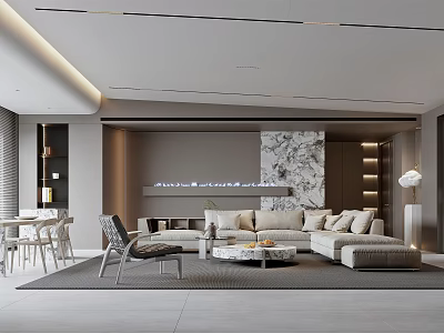 Modern Living and Dining Room with Marble Wall Lighting Sofa and Coffee Table 3d model