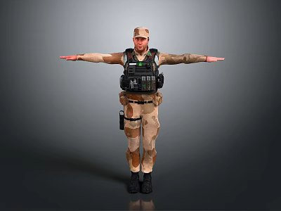 Military Personnel In Camouflage Uniform With Tactical Gear And Arms Outstretched 3d model