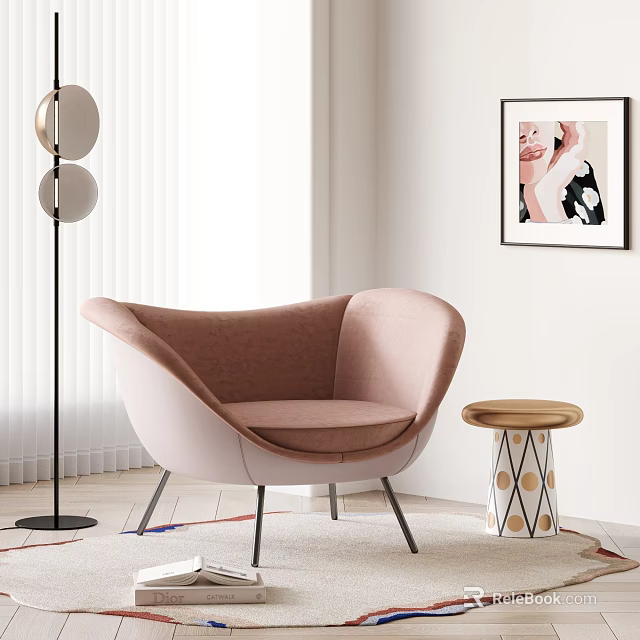 Curved Single Sofa In Soft Pink With Small Round Side Table And Floor Lamp 3d model
