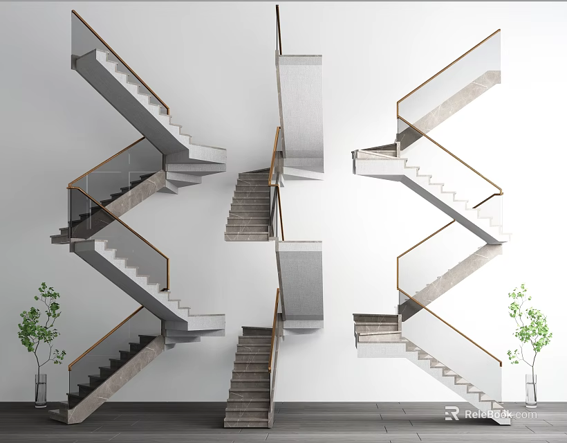 Modern Stairs Interior Design With Concrete Steps Metal Railings And Green Plants 3d model 