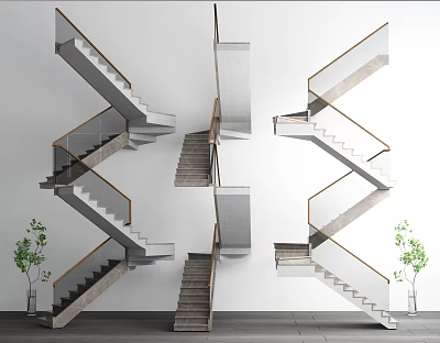 Modern Stairs Interior Design With Concrete Steps Metal Railings And Green Plants 3d model
