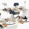 Elegant Tableware Set With Ceramic Plates Glassware Decorative Flowers And White Tablecloth