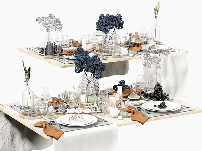 Elegant Tableware Set With Ceramic Plates Glassware Decorative Flowers And White Tablecloth 3d model