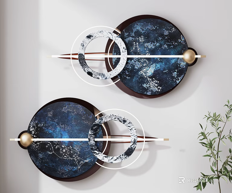 Modern Round Deep Blue Patterned Wall Decor with White Circles Gold Spheres and Long Strips 3d model