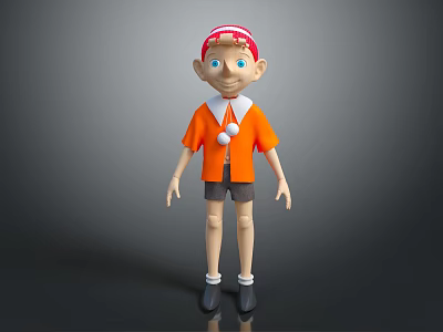 Cartoon Style Doll With Red Hat Blue Eyes Orange Shirt And Dark Shorts 3d model