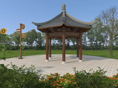Chinese Style Pavilion With Traditional Roof Surrounded By Green Grassland Trees Sunflowers And Signposts 3d model