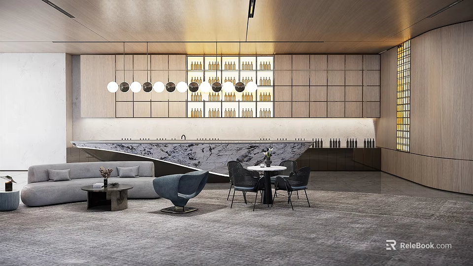 Modern Hotel Public Lounge Area With Comfortable Sofas Coffee Tables And Decorative Hanging Lights 3d model 
