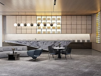Modern Hotel Public Lounge Area With Comfortable Sofas Coffee Tables And Decorative Hanging Lights 3d model