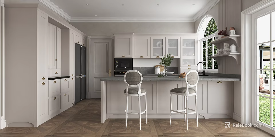 Open Modern Restaurant Kitchen With White Cabinets Island Bar Stools And Wooden Flooring 3d model 