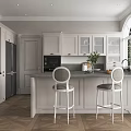 Open Modern Restaurant Kitchen With White Cabinets Island Bar Stools And Wooden Flooring