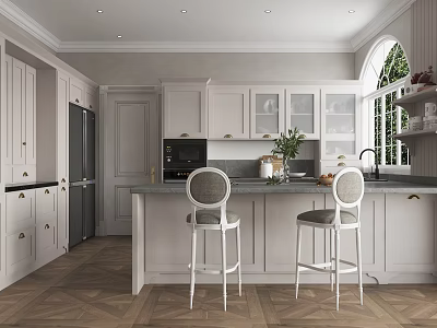 Open Modern Restaurant Kitchen With White Cabinets Island Bar Stools And Wooden Flooring 3d model