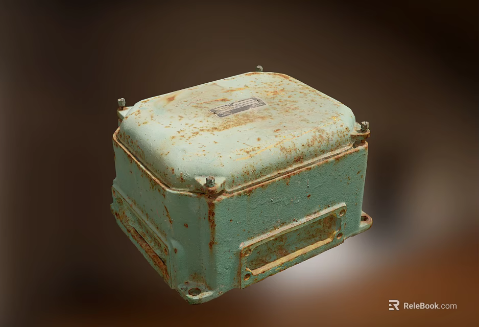 Old Rusted Green Industrial Control Box With Metal Casing And Mounting Brackets 3d model 