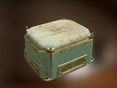 Old Rusted Green Industrial Control Box With Metal Casing And Mounting Brackets 3d model