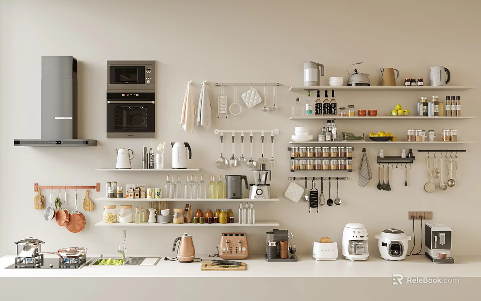 Modern Kitchen With Organized Countertop And Essential Kitchen Appliances On Shelves 3d model 
