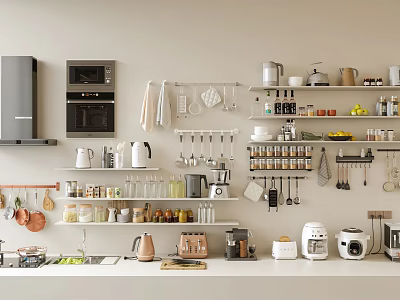 Modern Kitchen With Organized Countertop And Essential Kitchen Appliances On Shelves 3d model