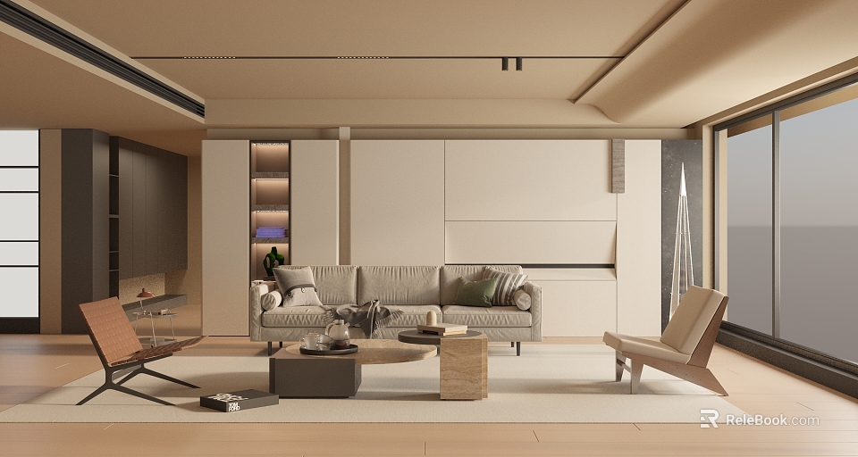 Modern Minimalist Living Room Interior With Beige Sofa Wooden Coffee Table And Neutral Tones 3d model 