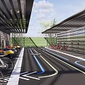 Outdoor Canopy Structure for Bicycle Scooter Parking with Colored Lines and Green Plants